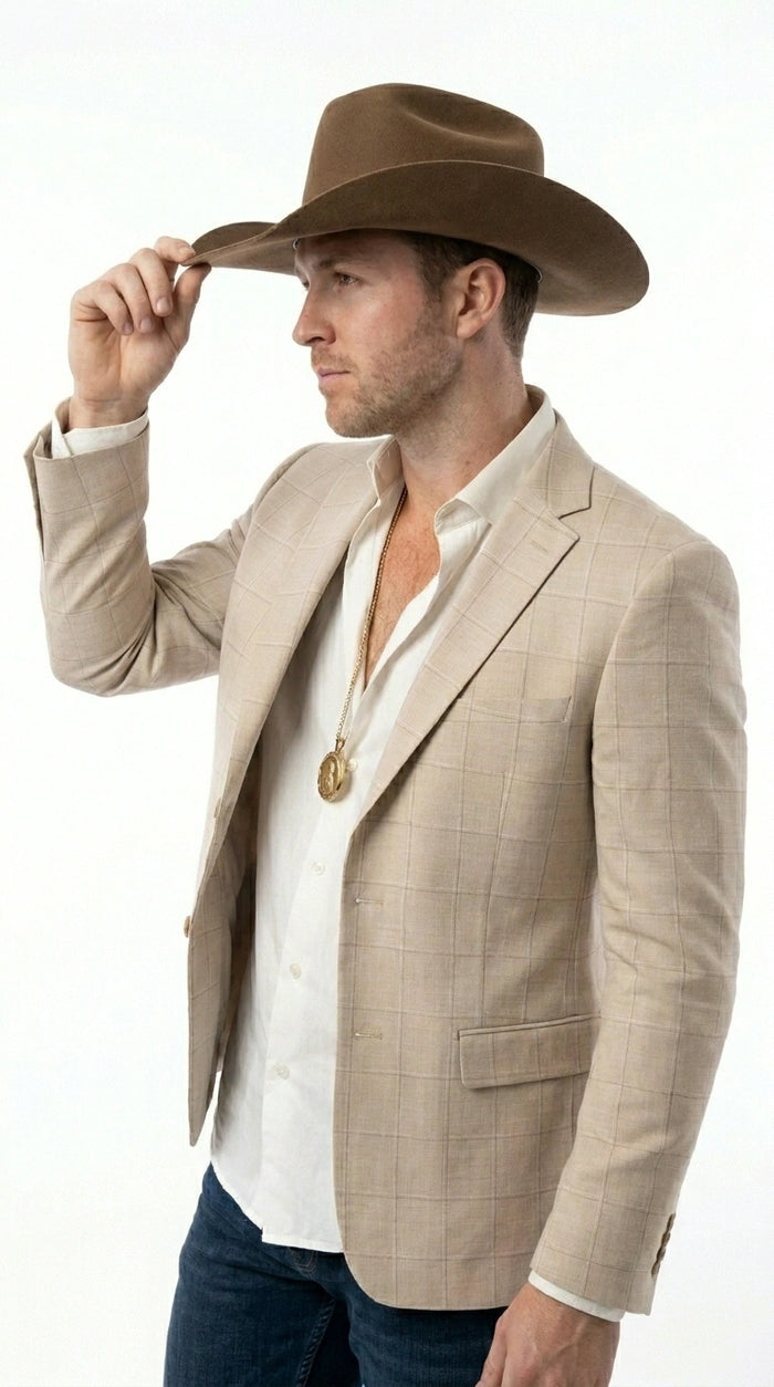 Men’s Cream Tan Beige Windowpane Plaid Western Blazer, Formal Cowboy Wedding Prom Sport Coat Jacket