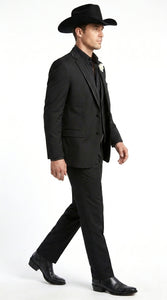 Men’s Black Western Tuxedo Suit, 3 Piece Cowboy Formal Wedding Prom Suit with Satin Trim