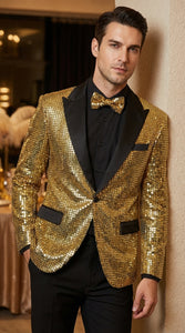 Mens Gold Sequin Blazer with Black Satin Lapel – Gold Formal Party Blazer Jacket for Prom, Wedding and Stage Events