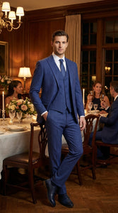 Men’s Cobalt Blue 3 Piece Suit – Indigo Light Blue Pinstripe Formal Suit with Vest for Wedding, Business Modern Fit Two buttons