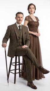 Men’s Edwardian Brown Plaid 3-Piece Suit – Vintage Double-Breasted Vest Wedding and Formal Suit