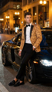 Men’s Yellow Gold Baroque Pattern Tuxedo Blazer Suit – Party and Wedding Jacket Prom Paisley Black Pants