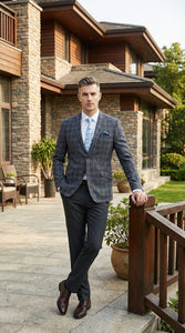 Mens Charcoal Gray with Blue Plaid Pattern Blazer Jacket – Classic Check Pattern Sport Coat for Business, Office, and Smart Casual Wear