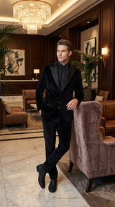 Men’s Black Velvet Tuxedo Suit – Peak Lapel Wedding, Prom and Formal Evening Velvet Pants