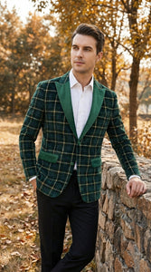 Mens Tartan Green and Gold Check Blazer – Windowpane Plaid Sport Coat Velvet Lapel Plaid Christmas Holiday New Year Jacket