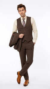 Men’s Doctor Who Inspired Brown Pinstripe 3-Piece Suit – Retro Vintage Wedding, Costume & Formal Suit
