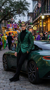 Mens Emerald Green Mardi Gras Blazer with Black Satin Lapel – Paisley Swirl Pattern Formal Party Jacket