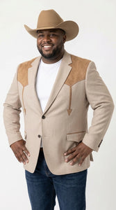Men’s Khaki Western Blazer – Cowboy Sport Coat with Suede Yoke Detail