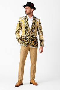 Men’s Black and Gold Baroque Blazer with Matching Pants, Hat, and Shoes – Luxury Party and Wedding Outfits Set