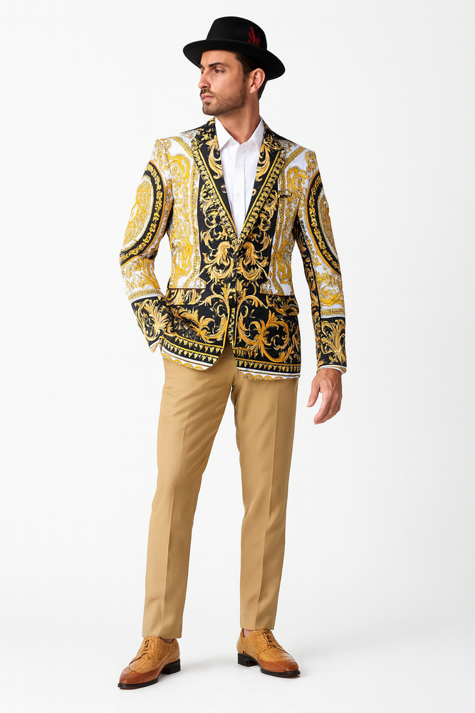 Men’s Black and Gold Baroque Blazer with Matching Pants, Hat, and Shoes – Luxury Party and Wedding Outfits Set
