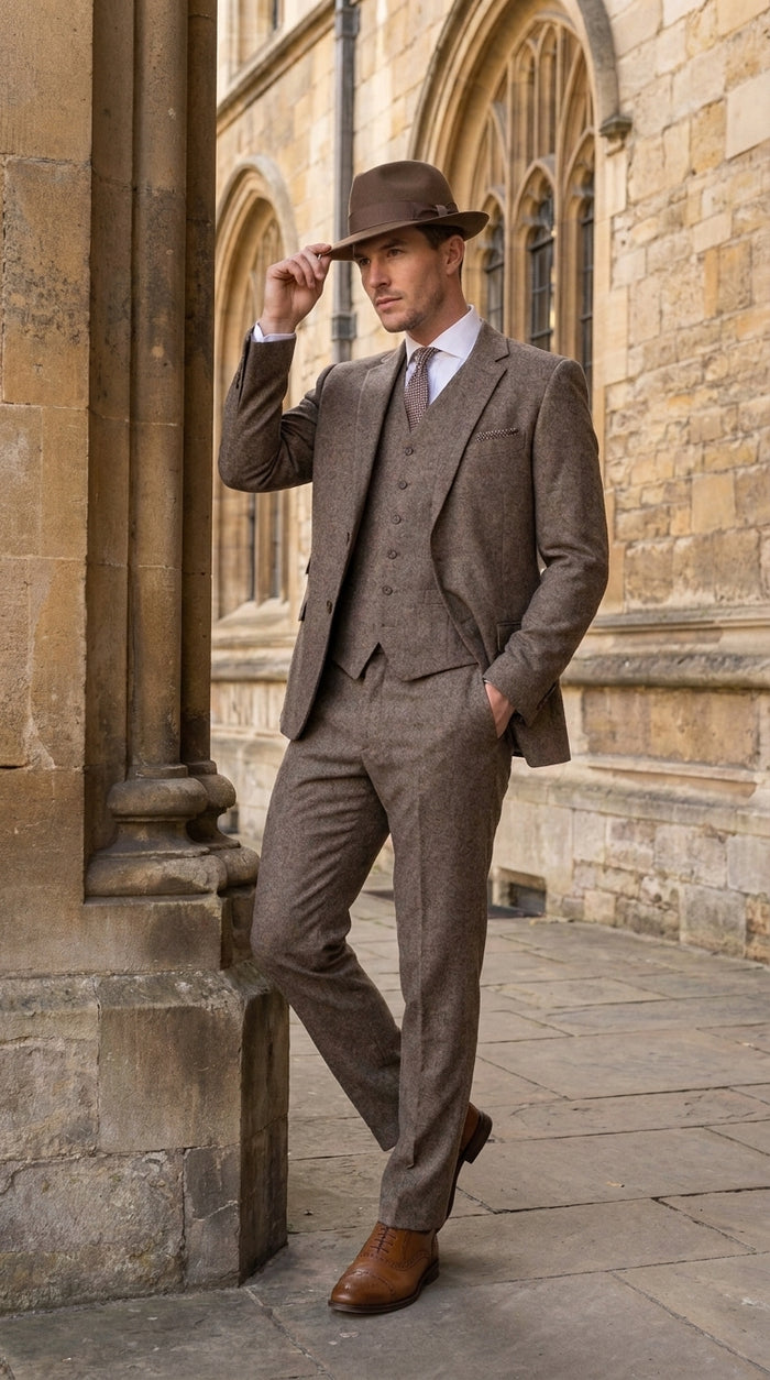 Men’s Brown Herringbone 3 Piece Suit – Vintage 1950s Inspired Tweed Vested Classic Suit