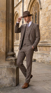 Men’s Brown Herringbone 3 Piece Suit – Vintage 1950s Inspired Tweed Vested Classic Suit