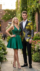 Men’s Yellow Tuxedo Black and Gold Floral Pattern Blazer | Formal Jacket - Prom Dinner Jacket + Black Pants + Bowtie
