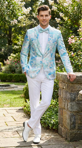 Men’s Light Blue Floral Jacquard Tuxedo Jacket with Matching Bow Tie | Formal Prom Wedding Blazer + Bowtie Turqoise Aqua Color