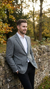 Men’s Grey Harris Tweed Blazer Jacket, Classic Herringbone Wool Sport Coat for Business Casual
