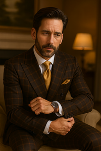 Men's Brown Plaid Double-Breasted Wool Suit – Classic Windowpane Two-Piece Formal Suit By Rossiman