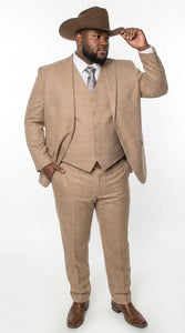 Men’s Khaki Tan Plaid Western Cowboy 3-Piece Suit – Texture Plaid windowpane Blazer, Vest & Pants