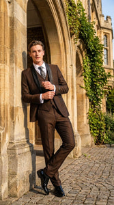 Men’s Chocolate Brown 3-Piece Tuxedo Suit with Black Satin Shawl Lapel – Shawl Collar Vested