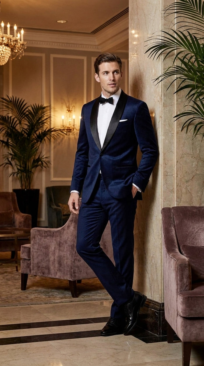 Men’s James Bond Inspired Navy Blue Tuxedo – Black Shawl Lapel Wedding & Prom Suit