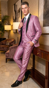Men’s Shiny Mauve Pink 3 Piece Tuxedo – Wedding & Prom Suit with Black Shawl Lapel