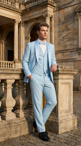 Men’s Powder Blue 3-Piece Tuxedo – Light Blue Wedding & Prom Suit with Vest in Light Blue Sky Color