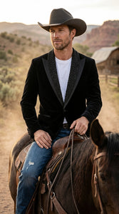 Men’s Black Velvet Western Blazer – Rhinestone Formal Cowboy Sport Jacket Removable Rhinestone Glitter Lapel