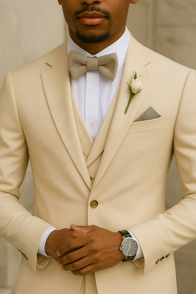 Champagne Color Suit With Double Breasted Vest in Light Tan Sand Color - Slim Fitted Summer Wedding Suit