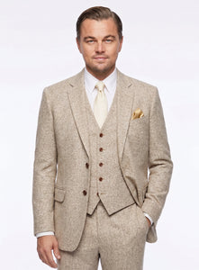Men’s Light Tan Tweed Great Gatsby 3 Piece Suit – Vintage Vested Wedding Suit, 1920s Classic Formal Outfit Herringbone