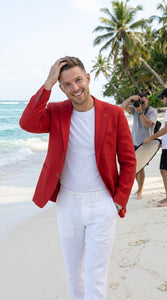 Men’s Red Linen Blazer, Lightweight Business Casual Wedding Sport Coat Jacket