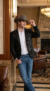 Men’s Black Sequin Western Blazer – Embroidered Cowboy Tuxedo Jacket with Rhinestone Lapels