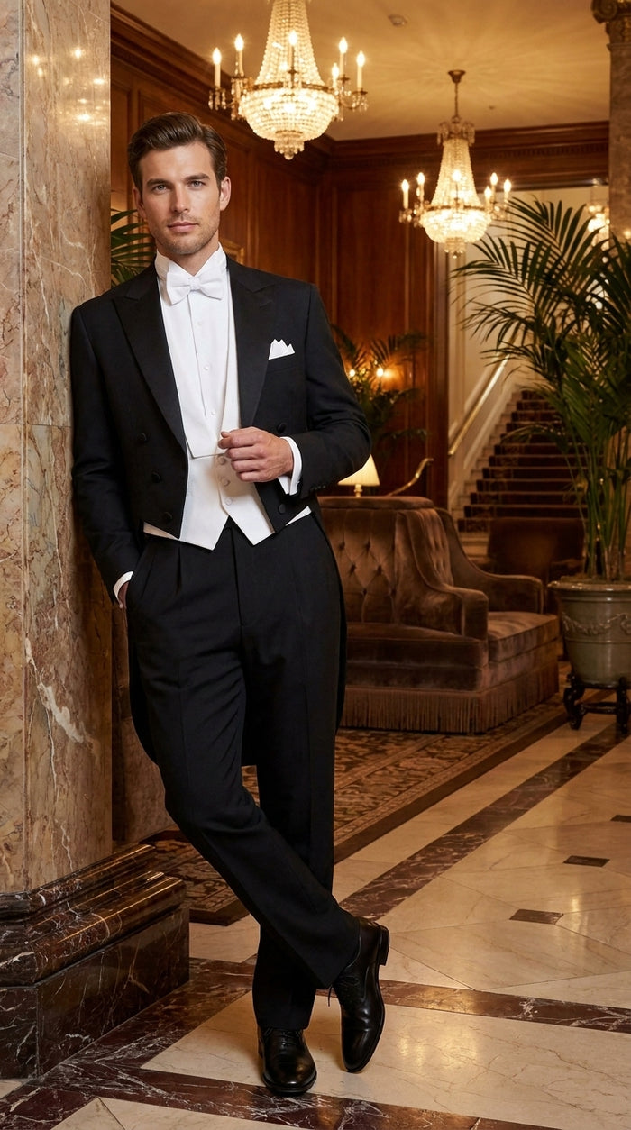 Men’s Black Victorian Tailcoat Tuxedo – 1800s 19th Century Edwardian Peak Lapel Formal Suit