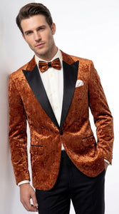 Men’s Burnt Orange Sequin Velvet Blazer – Kingsman Golden Bee Inspired Black Peak Lapel Dinner Jacket