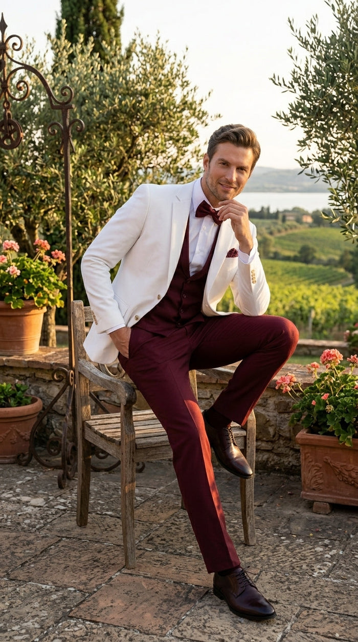 Men’s White and Burgundy 3 Piece Tuxedo Suit, Vested Formal Wedding Prom Dinner Suit Set bowtie included
