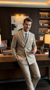 Vinci Men’s Beige Plaid Double Breasted Suit – Classic Checkered Formal Suit Set in Tan Color Windowpane Checkered Pattern