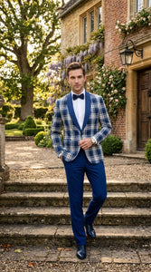 Men’s Tartan Blue Plaid and Solid Blue Tuxedo – Modern Check Pattern Formal Suit for New Year - Christmas - Holiday Jacket with Pants