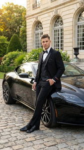 Men's Black Vested Tuxedo Suit with Patterned Lapel – Classic Formal Suit for Wedding, Party and Evening Events