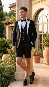 Men’s Black and White Tuxedo Shorts Suit – Modern Formal Tuxedo with Short Pants for Wedding, Party and Special Events