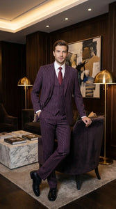 Men’s Plum Eggplant Pinstripe 3 Piece Suit – Burgundy Purple Formal Suit  Gangster 1920s Mafia Pimp Suit
