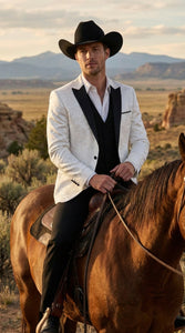 Men’s White Paisley Cowboy Tuxedo with Black Satin Lapel – Western Formal Wedding Suit Jacket