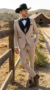 Men’s Beige Pinstripe Western 3 Piece Tuxedo Suit with Black Shawl Lapel, Formal Cowboy Wedding Prom Suit in Tan Khaki Color