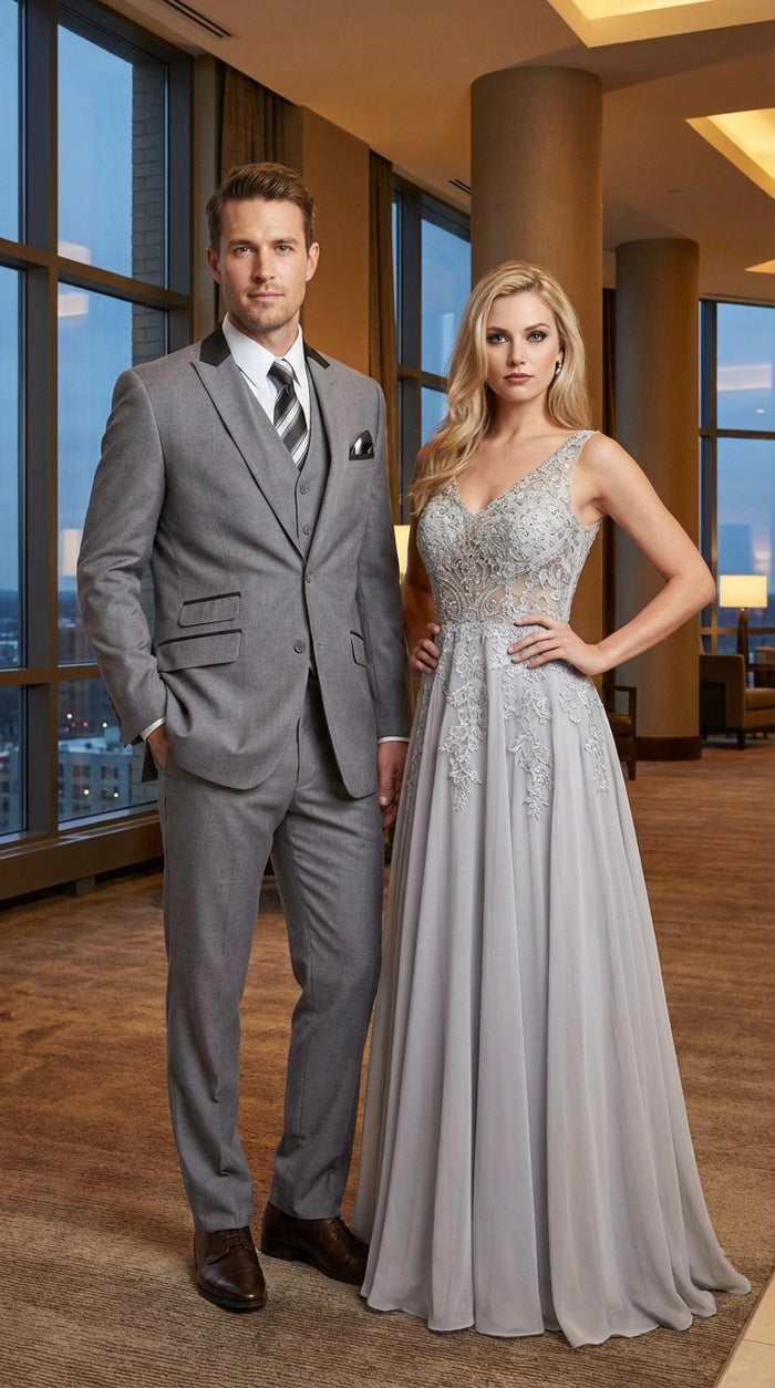 Men’s Light Gray Three Piece Suit with Black Chesterfield Collar  – Classic Formal Wedding and Business Suit Set 1920s Vintage