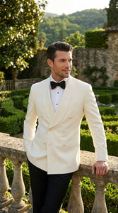 Men’s Ivory Wool Dinner Jacket – Classic Double Breasted Formal Tuxedo Jacket for Wedding and Black Tie Events