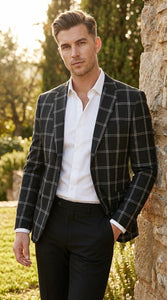 Men’s Black Windowpane Check Blazer – Black Plaid Formal Blazer Jacket for Business, Wedding and Smart Casual Style