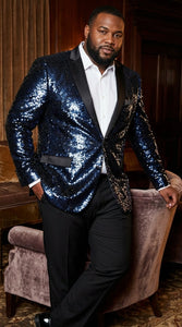Men’s Navy Sequin Blazer – Navy Blue Sparkle Sequin Formal Blazer with Satin Lapel for Prom, Party and Evening Events