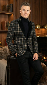 Mens Tartan Black and Gold Check Blazer – Windowpane Plaid Sport Coat Velvet Lapel Formal Party Jacket Chirsitmas New Year Holiday Jacket
