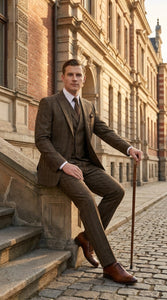 Men’s 1930s Brown Plaid 3 Piece Suit, Vintage Formal Wedding Business Dress Suit Set