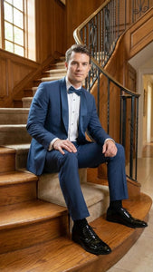 Men’s Indigo Sapphire Royal Blue Tuxedo Suit Set, Classic Formal Wedding Prom Dinner Jacket Tux Light Blue Cobalt Color