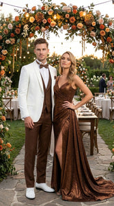Men’s Ivory and Brown 3 Piece Suit – Elegant White Blazer with Brown Vest and Trousers for Wedding, Prom and Formal Events in off White Cream + Bowtie
