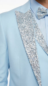 Men’s Light Blue Suit with Silver Glitter Lapel – Light Blue Formal Tuxedo Suit for Prom, Wedding and Special Occasion Wear in Sky Baby Blue
