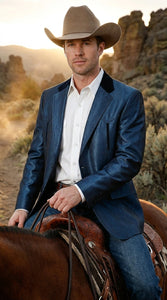 Men’s Sapphire Indigo Western Cowboy Blazer – Classic Western Style Jacket, Country Casual Dress Blazer in Navy Blue with sheen